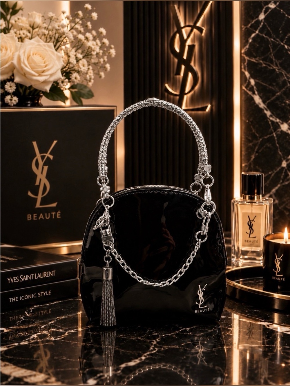 YSL Beaute! Black Patent Top-Handle cosmetic pouch with silver hardware